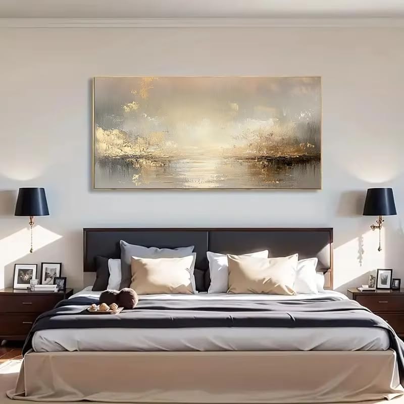 AEXOIO Großes abstraktes Ölgemälde in Beige und Gold mit Struktur – rahmenloses Wandbild für Wohnzimmer, Schlafzimmer, Wanddekoration 100x200cm/39x79in