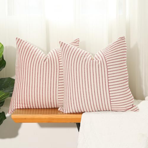 Hckot Christmas Pillow Covers 18x18 Red Throw Pillow Covers Set of 2 Striped Linen Decorative Pillows Cushion Covers for Couch Chair Beding Xmas Winter Decorations(Red)