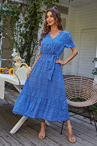 PRETTYGARDEN Women's Summer Floral Boho Maxi Dress Wrap Short Sleeve V Neck Ruffle A-Line Flowy Wedding Guest Long Dresses