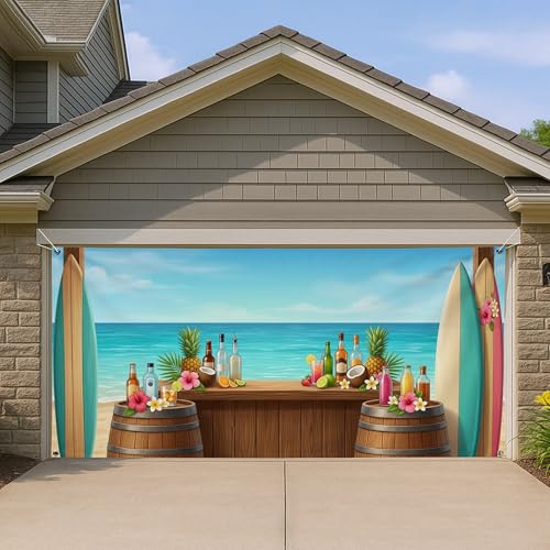 Cubierta para puerta de garaje de playa tropical, tabla de surf colorida y bar de cóctel, decoración de puerta de garaje grande, decoración de fiesta de verano al aire libre, 157 x 71 pulgadas
