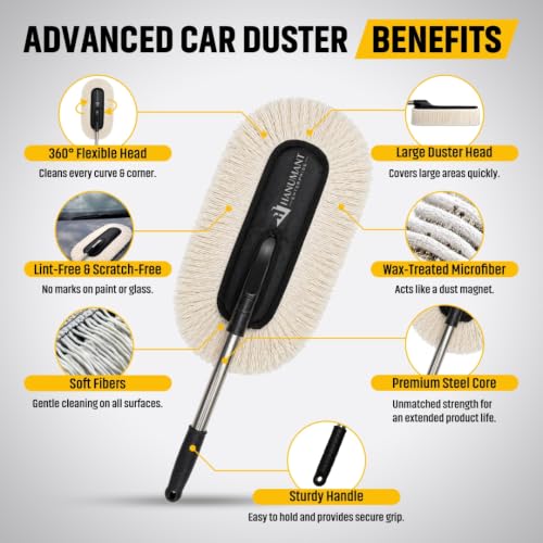 Image of H HANUMANT ENTERPRISE Swift Swipe Car Duster with Paraffin Wax-Treated Cotton Strands | Scratch-Free & Lint-Free Car Cleaning Brush | Long Handle | Reusable Waterless Dust Cleaner for Car, SUV & Bike