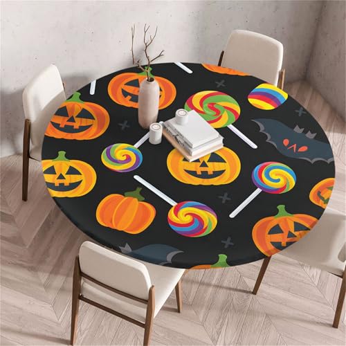 Treer Mantel Antimanchas Redondo, Patrón de Calabaza Espeluznante Manteles de Mesa con Ajustable Borde Elástico, Mantel Mesa Redonda, Manteles Lavable Exterior para Picnic Comedor (Negro,170cm)