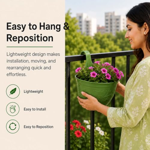 Image of Go Hooked Hanging Planter Pots for Balcony Railing Pack of 2 | Small Plastic Victor Hook Flower Pots for Fence, Grill & Balcony (Multicolor, 16.5x9x19 cm) | Decorative Planters for Home Garden Decor