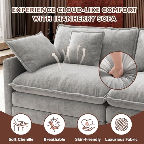 Image of Ihanherry 114 inch V-Shaped Modern Sofa Modular Sectional Cloud Couch with 2 Ottoman, 7-Seat Chenille Deep Seat Sofa with Corner Section for Living Room, Bedroom and Apartment, Grey