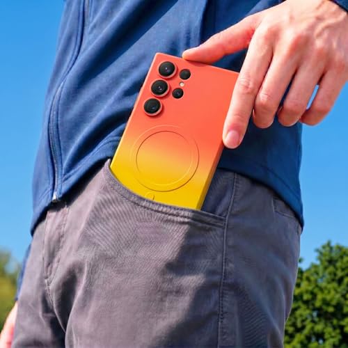 Image of amazon basics Gradient Mag-Safe Case for Samsung Galaxy S22 Ultra | Soft Silicone Shockproof Cover with Camera Protection | Slim Lightweight Design | Smooth Touch & Durable - Orange & Yellow