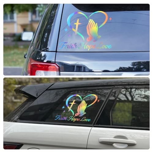 Image of Large Christian Car Decals, Faith Hope Love Praying Hands Stickers - 11 inch x 10 inch Waterproof Vinyl Sticker for Car, Truck, Window, Bumper, Laptop, Wall (Praying Hands-Holographic)