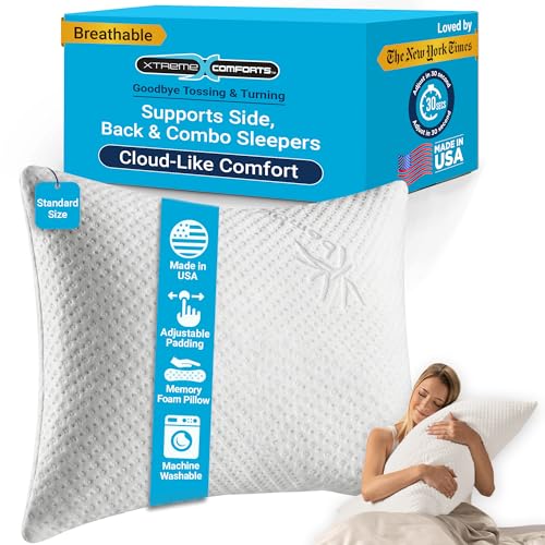 Xtreme Comforts Standard Bed Pillow for Sleeping | Adjustable Shredded Memory Foam Pillows with...