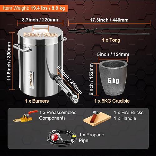 VEVOR 6KG Propane Melting Furnace Kit, Large Capacity Foundry Home Kilns, Blacksmithing Forge with Crucible & Tongs Kiln, Stainless Steel, for Metal Scrap Recycle, Gold Copper Silver Casting