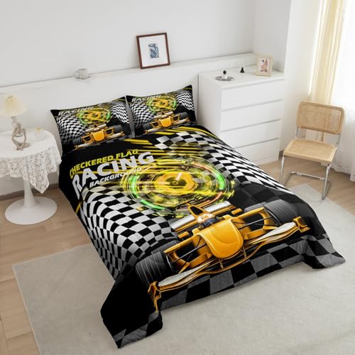 Image of Feelyou Kids Racing Car Comforter Set Toddler Size, Yellow Ombre Bedding Set Boys Girls Extreme Sports Duvet Insert Teens Bedroom Decor Bed Set 2Pcs