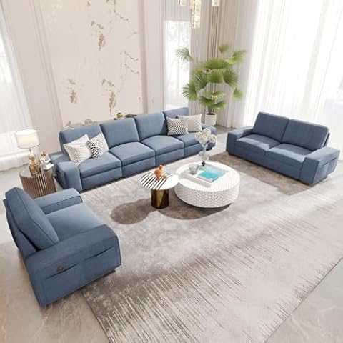 SOPAT Blue U Shape Sectional Sofa for Living Room/Office 7 Seater Sofa Sets with Large Storage Space Comfy Chenille Cover (4-Seat Modular Sofa & Loveseat & Armchair) Cover