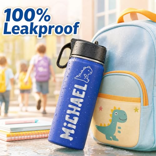 Image of Personalized Water Bottles for Kids with Engraved Name with Straw Lid Custom 18oz Insulated Stainless Steel Water Cups for School Customized Gifts for Boys Girls for Birthday Back to School BPA Free