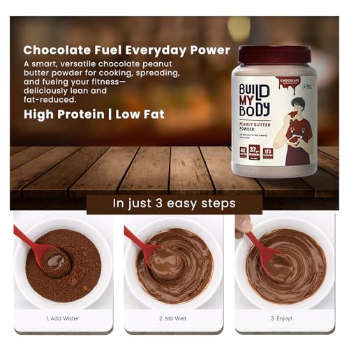 Image of Build My Body | BMB - Chocolate Peanut Butter Powder | 37g Protein | Makes 900g Peanut Butter Spread | With Real Cocoa | Guilt-Free Indulgence | 1 /3 Calories | 4x Less Fat | Rich Chocolate Taste for Everyday Snacking & Healthy Lifestyles | 410g