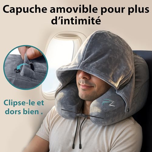 Coussin De Voyage Avion : FLOWZOOM AIR Coussin de Voyage Gonflable à Capuche pour Avion Gris Ta... – Image 5