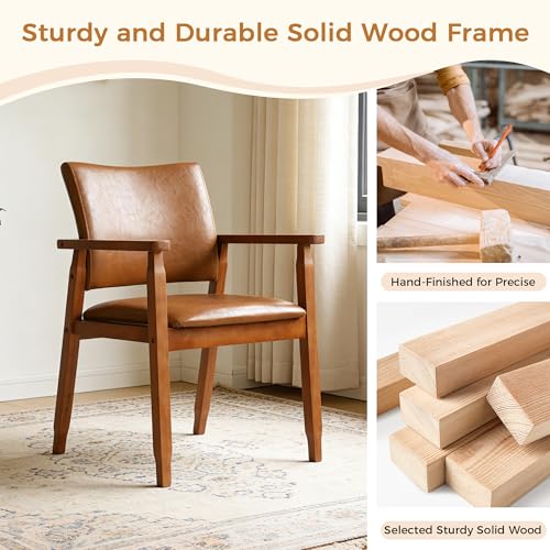 Image of NOBPEINT Mid-Century Modern Dining Chairs with Armrest Set of 4, PU Leather Upholstered Dining Room Chairs with Solid Wood Frame, Walnut Kitchen Armchairs for Kitchen Living Room Restaurant, Brown