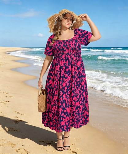 Image of RITERA Plus Size Dresses for Curvy Women Square Neck Short Sleeve Summer Floral Smocked Maxi Dress with Pocket XL-5XL