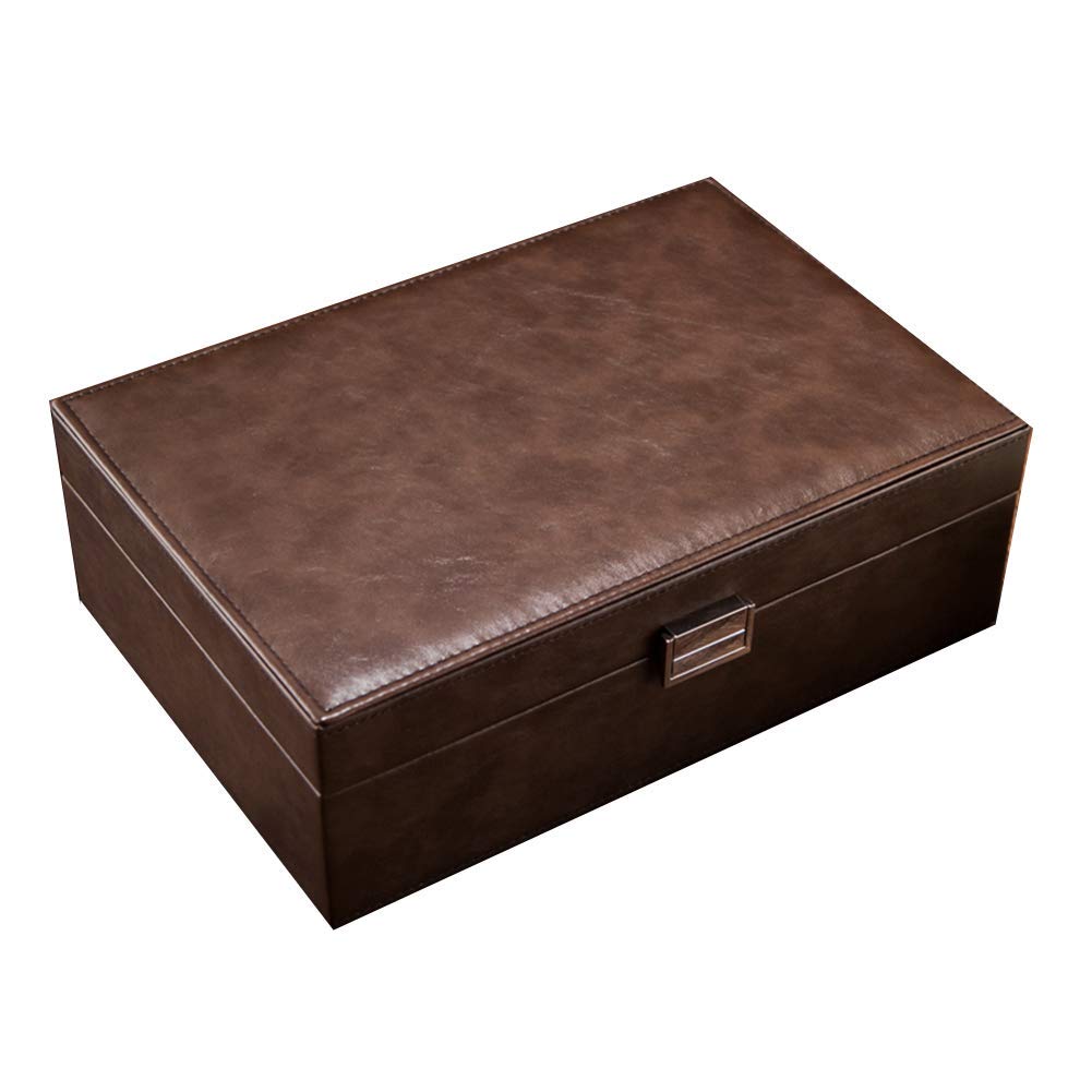 Jewelry Storage Box Retro Faux Leather Gift Large Capacity Handmade Double Tray, 2 Colors (Color: Brown-B, Size: 29.5x20x9.6 cm)