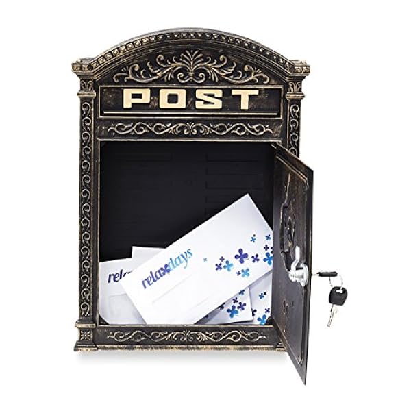 Relaxdays Buzón con Amplio Techo Redondo, Aluminio Fundido, Estilo Antiguo, nostálgico, 44.5 x 31 x 9.5 cm, 3.6 Kg, Bronce, 44,5 x 31 x 9,5 cm