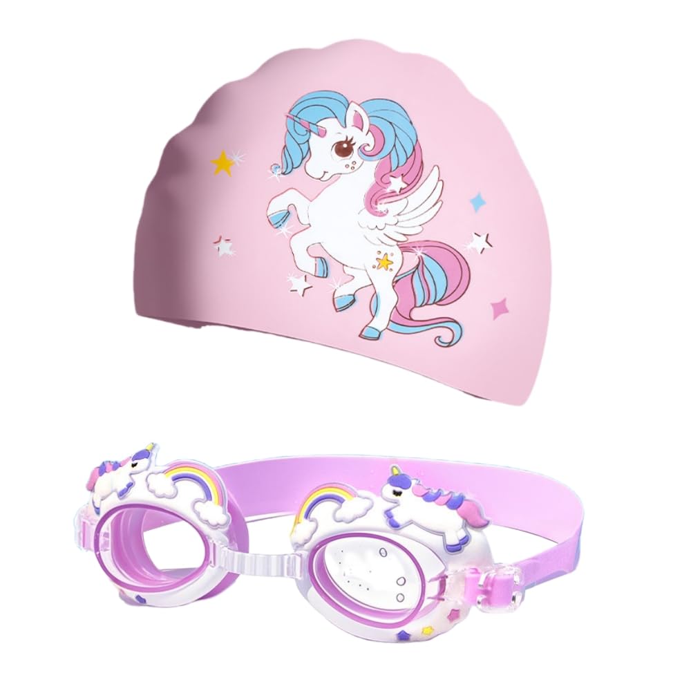 ISABELLA MOON Kids Swimming Goggles Safe Soft Silicone Cap Hat Anti-Fog Waterproof No Leaking Crystal Clear Swim Goggles Spider for Kids Children and Teens Age 3-15 (Unicorn)