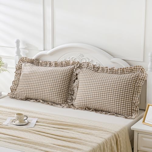 2 Pack Taupe White Plaid Gingham Ruffle Pillow Shams Standard Size 20x26 inches, 100% Washed Cotton Checkered Farmhouse Pillow Covers for Bed/Sofa (20x26 inches,Taupe/White Plaid)