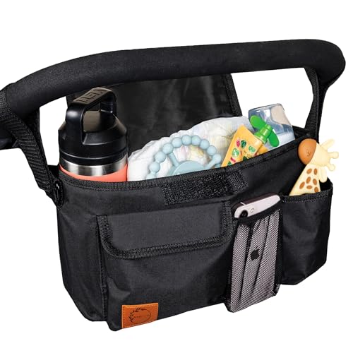 Image of Bindii & Va Universal Stroller Organizer With Cup Holder | Large Capacity Stroller Caddy | Non-Slip Secure Hooks Accessories | Stroller Attachment | Fits Most Strollers (Black)