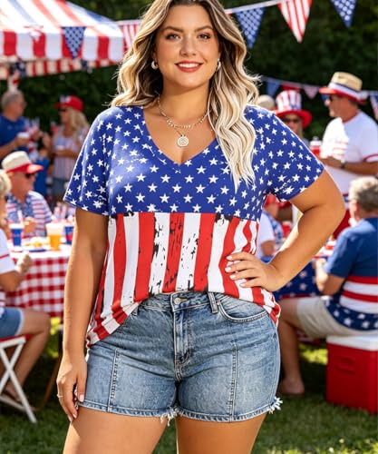 Image of RITERA Women Plus Size Tops Tie Dye V Neck Shirt Floral Camo Summer Short Sleeve Tunic Oversized Ladies Blouse XL-5XL