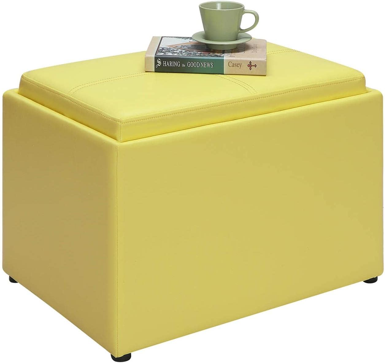 Modern Yellow Faux Leather Accent Storage Ottoman with Reversible Tray