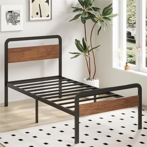 Image of Richwanone 14 Inch Twin XL Bed Frame with Wood Headboard and Footboard, Metal Platform Frame with Steel Slat Support, No Box Spring Needed, Easy Assembly, Black