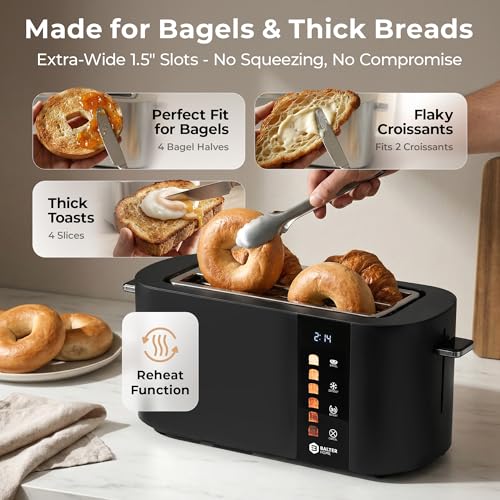 Image of Balter Toaster 4 Slice Wide Slot, Bagel Function, Long Slot, Stainless Steel, Touch Screen, Built-in Rack, Extra-Wide 1.5 inch Slots for Thick Breads & Bagel, Timer, BPA-Free, Removable Tray, Black