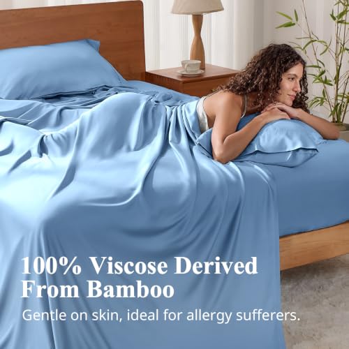 Image of King Size Sheet Set, Viscose Bamboo Sheets for Bed Set 4pcs, 100% Viscose Derived from Bamboo, Hotel Luxury Silky & Cooling for Hot Sleepers, Deep Pocket Up to 17 inch, Light Blue