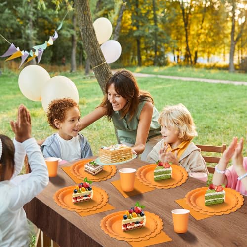 PYAILI Orange Partygeschirr, 96 Stück Pappteller Set mit Blumenmuster für 24 Gäste, Papier Teller Pappbecher Servietten für Geburtstag, Muttertag, Babyparty, Bridgerton, Teeparty