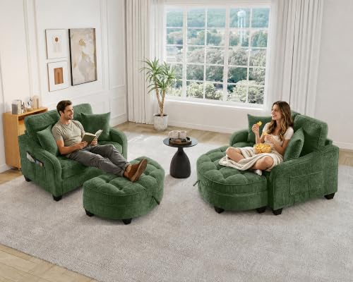 Image of Oversized Chair and A Half, Chenille Tufting Accent Cozy Reading Sofa Chair with Storage Ottoman, Upholstered Loveseat Chaise Lounge Sofa with Adjustable Back for Living Room, Office, Sunroom, Green