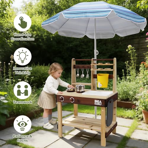 Image of Wooden Mud Kitchen, 7 in 1 Outdoor Pretend Play Kitchen with Umbrella,Removable Sink & Chalkboard, Cooking Accessories, Backyard Pretend Toy for Kids Aged 3-8