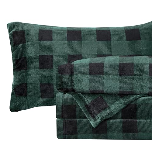 Elegant Comfort Luxuriously Soft 4-Piece Velvet Plush Flannel Sheet Set - Premium Quality - Cozy Warm, Anti-Static, Non Pilling Fuzzy Velvet Flannel Fleece Deep Pocket Sheet Set - Full, Buffalo Green