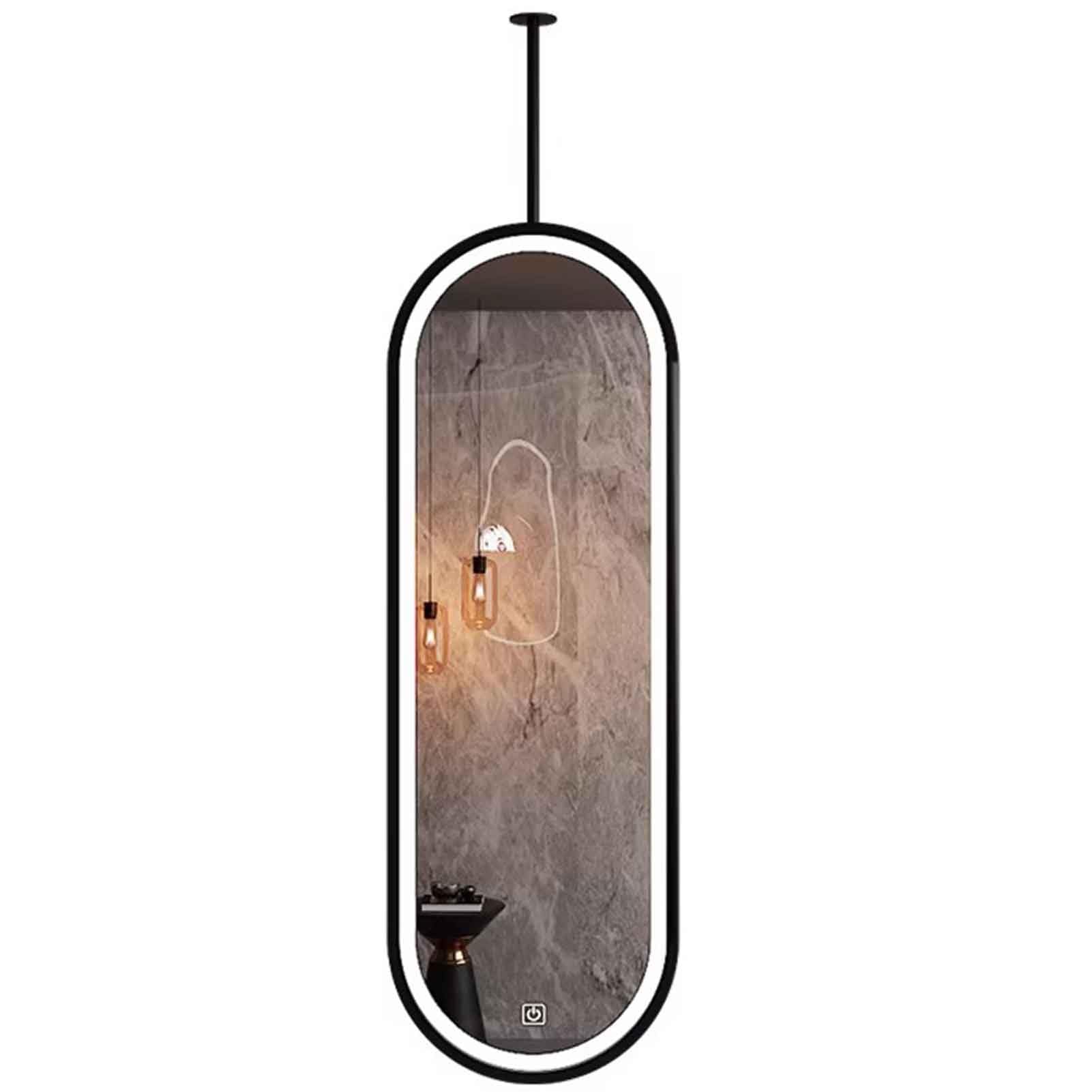 FGXHHS Ceiling Oval Hanging Suspended Mirrors, Wall Mounted Dimmable 3 Color Lighting Mirror, Black Metal Frame Bathroom Vanity Mirror(50cmx100cm)