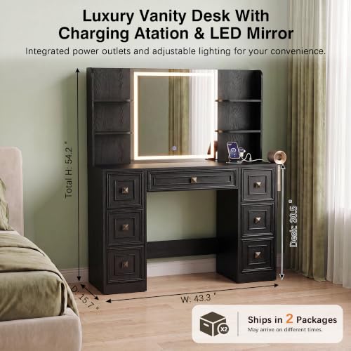 Image of YESHOMY Makeup Vanity Desk,LED Mirror,Charge Hub,Hair Tool Organizer