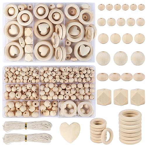 HASUDEI 416 piezas Juego Cuentas Madera Manualidades Abalorios Madera Natural 7 Tipos Cuentas Madera Redondas 8mm 10mm 12mm 15mm 16mm 20mm Aros Madera Redonda 30mm 40mm Incluye 20M Cuerda Algodón