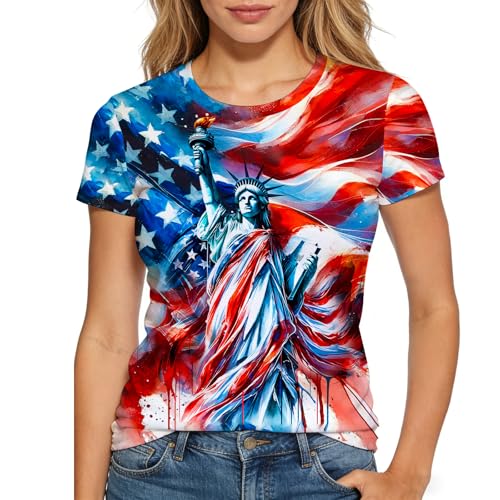 Harycnct Red White Blue Tie Dye Shirts Womens July 4th Patriot Statue of Liberty Tie-Dye Tshirt Outfit 60S 70S Hippies Tiedye Tee Tops X-Large