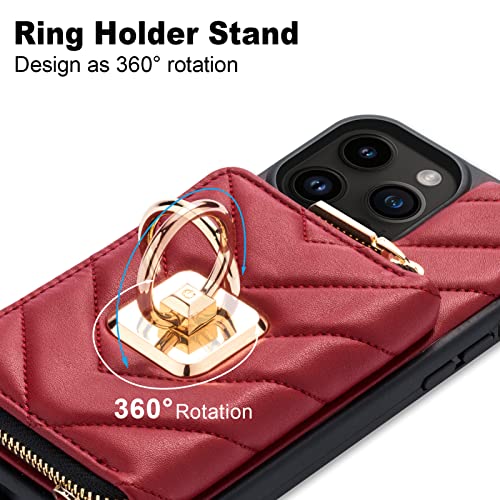 Lameeku Compatible With Iphone 13 Pro Max Case Wallet, Card Holder Case With Ring Kickstand Crossbody Purse Case Quilted Leather Rfid Case Compatible With Iphone 13 Pro Max, 6.7Inch-Burgundy #TOP5