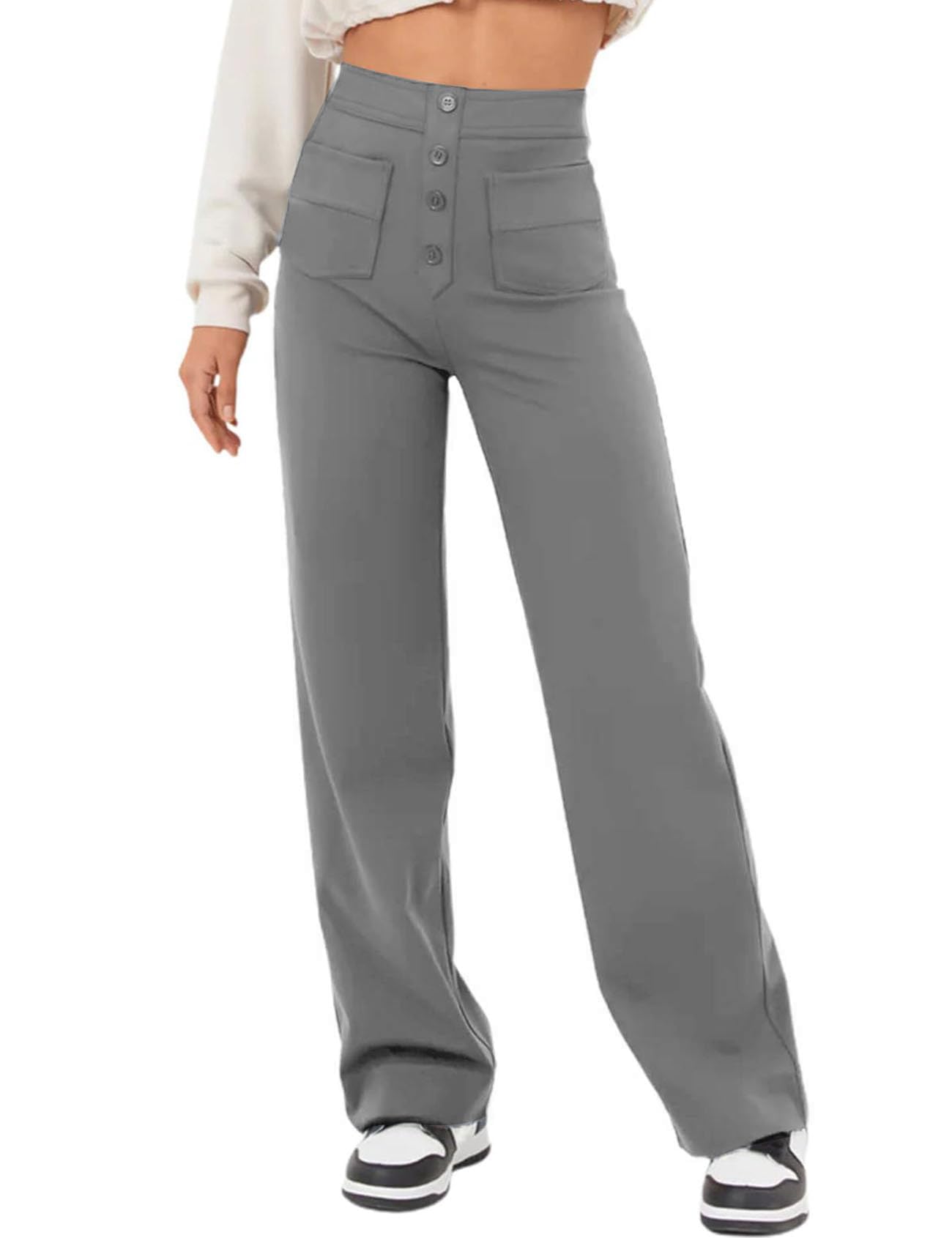 Flygo Womens High Waisted Multiple Pockets Straight Leg Flexipants Stretchy Work Trousers Button Down Casual Pants Grey Medium