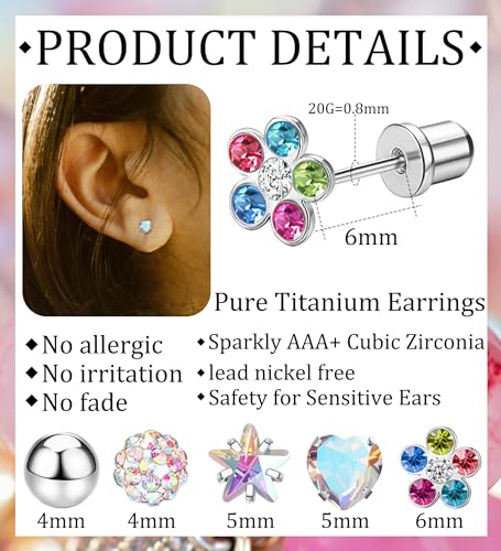 MJust 5 Pairs Titanium Screw Back Earrings for Women Hypoallergenic ScrewBack Earrings for Sensitive Ears Pearl Heart Star Flower CZ 20G Pure Titanium Earrings Studs2