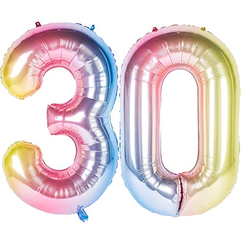 Globo 30 Años, Ouinne 40 Pulgadas Globo del Cumpleaños Número 30 Helio Globos para La Decoración Boda Aniversario (Rainbow)