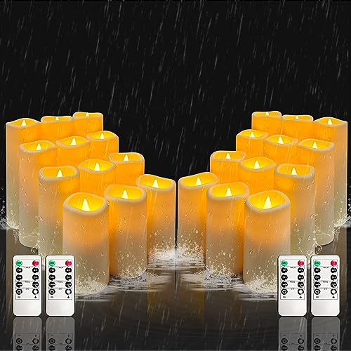 Image of YIWER Plastic Waterproof Flameless Candles Set of 24: Battery Operated Candles Ivory Flickering Pillar Candles Include 4 inch /5 inch /6 inch /7 inch with 10-Key Remote 2 /4 /6 /8H Timer Function