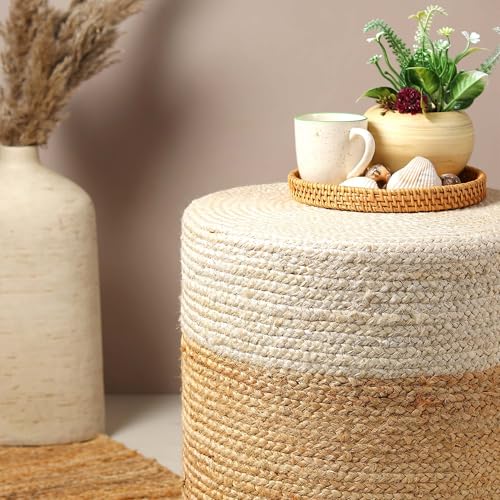 Image of Habere India-All the Cultures Fabricating India Ottomans for Living Room | pouffe Stool | Ottoman Stool | Jute pouffes for Sitting - White, Round (M: Dia40xH41 cm)