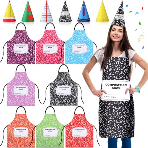 16 Pcs Group Halloween Costumes for Adult Composition Notebook Teacher Halloween Costume Back to School Teacher Apron with Hats for Cosplay Gifts