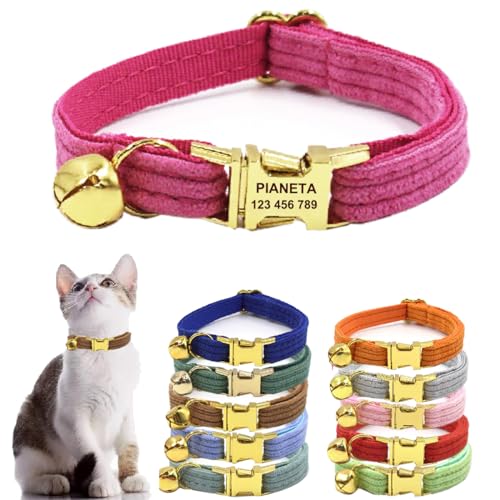 名札付き猫首輪 ペットのお名前&電話番号無料刻印 サイズ調節可能ペット首輪 迷子札付き子犬首輪 鈴付き 子猫小型犬に適用,名札・IDタグ (S (16-26cm), ローズレッド)