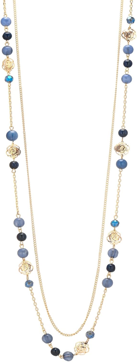 FULU AUTUMN Boho Gold Long Necklaces for Women Natural Stone Beaded Layered Long Necklace Mothers Day Gifts Dainty Flower Costume Jewelry for Women