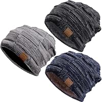 Kids Winter Beanie Hats 3 Packs, Warm Skull Cap Cozy Fleece Lined for Boys Girls 4-15Y Slouchy Beanie Windproof Knitted Hat