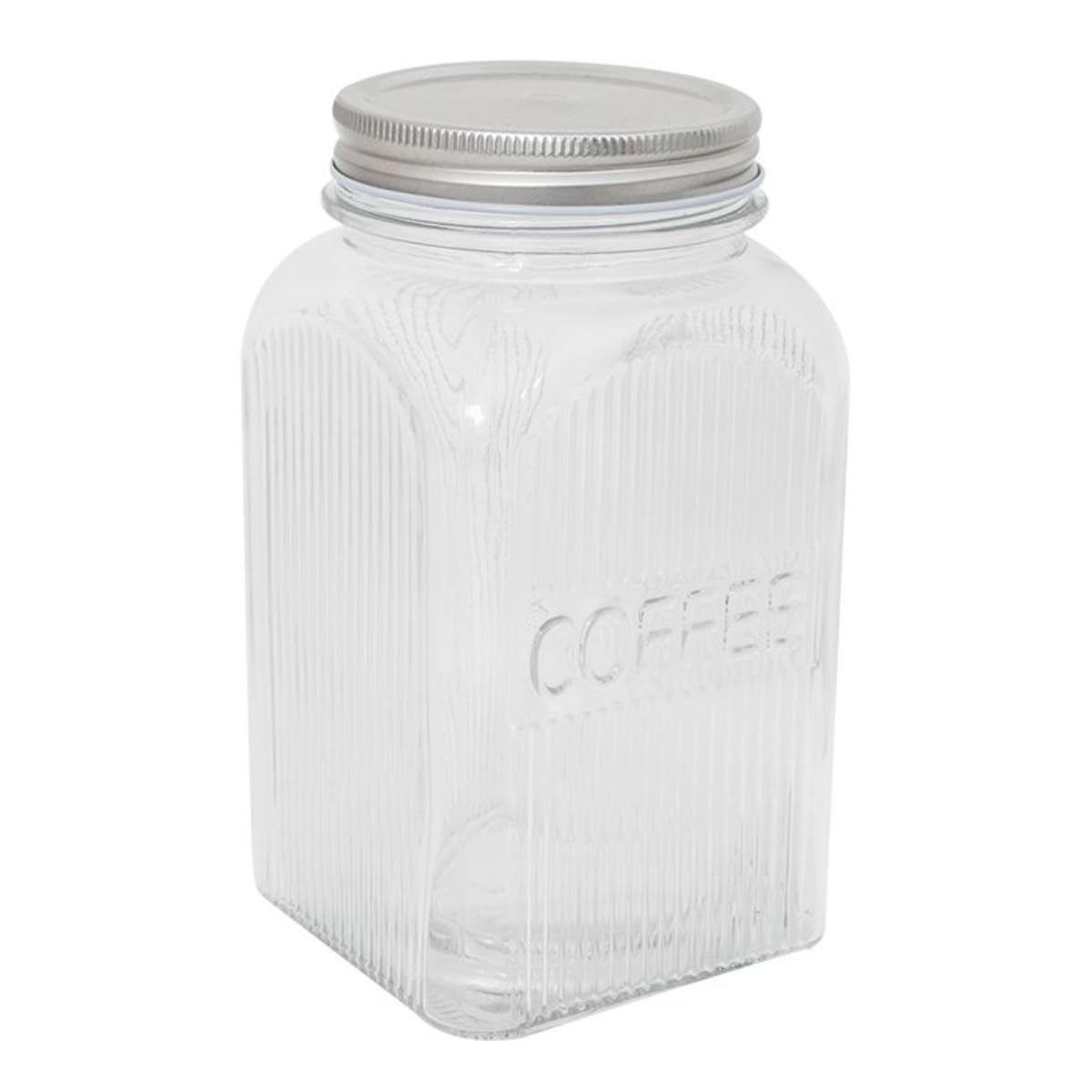YöL Coffee Square Ribbed Glass Storage Jars with Silver Lid 1300ml Kitchen Canisters with Embossed Lettering for Hot Drinks and Dry Food Storage Organisation