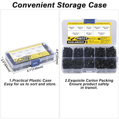 500 Stk M3 Schrauben Set, Innensechskantschrauben Muttern Set, Sechskopf-Knopf Zylinderschrauben Sortiment Set, Innensechskant Gewindeschrauben Schraubensortiment, Maschinenschrauben mit Muttern