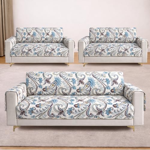 Image of Homerz Premium 7(3+2+2) Seater Quilted Reversible Sofa Cover Mat with Pocket Arms | Polyester Blend 350 GSM Full Coverage & Back Belt for Stability (Floraya, 7(3+2+2) Seater)
